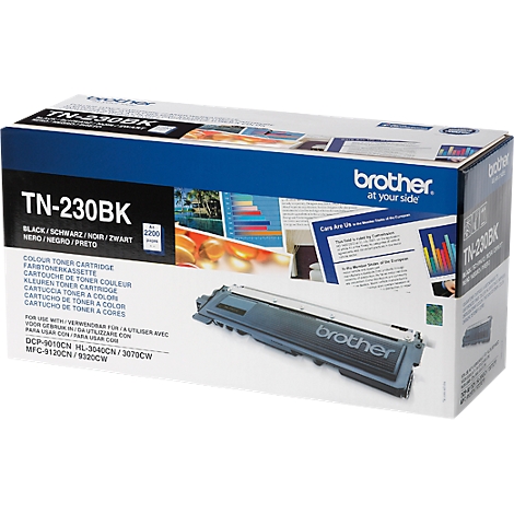 Brother tonercartridge verpakking, TN-230BK, met productinformatie, Zwart. Een printeraccessoire.
