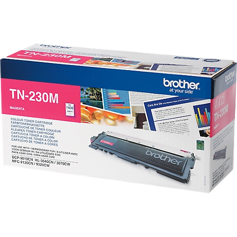 Een Brother toner in de originele verpakking. Opdruk "TN-230M magenta".