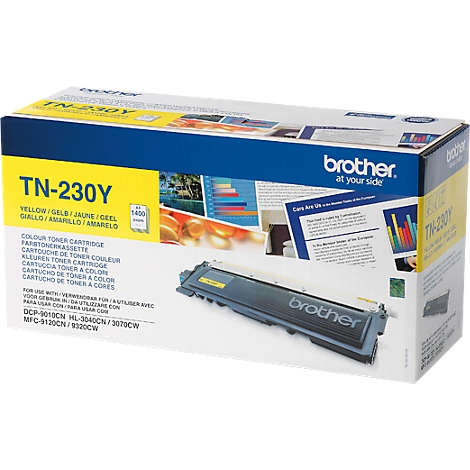 Een gele Brother TN-230Y tonercartridge in de doos, met tekst als "Geel", "Kleur toner cartridge" en "Brother at your side".