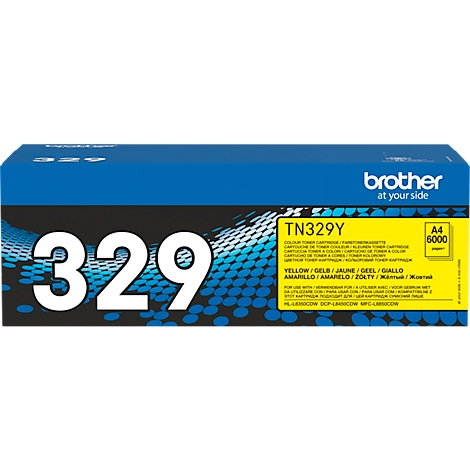 Gele Brother tonercartridge. Opschrift "TN329Y", A4 6000. Blauwe doos met zwarte achtergrond en witte "329".