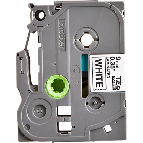 Close-up of a white labeling tape cassette. Inscription: 9mm 0.35". Brother. White laminated TZ tape.