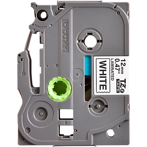 Gray Brother label cassette with white laminated tape. Inscription: Brother, white, 12mm, 0.47".