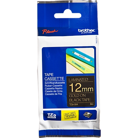 A black tape cassette from Brother, packaged in white and blue plastic. Printed with product features and an example.