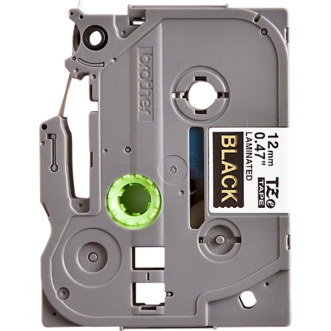 Black label tape cartridge with "Brother" branding and technical specifications.