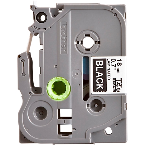 A black Brother label cassette for a label printer with text: "18mm 0.7" BLACK LAMINATED TZe TAPE".