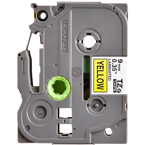 A yellow and gray label cassette from the Brother brand. Printed: 9 mm, yellow, laminated.