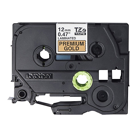 Schwarze Beschriftungskassette mit weißem und goldenem Schriftzug. Aufschrift: "Premium Gold" und "TZe Tape".