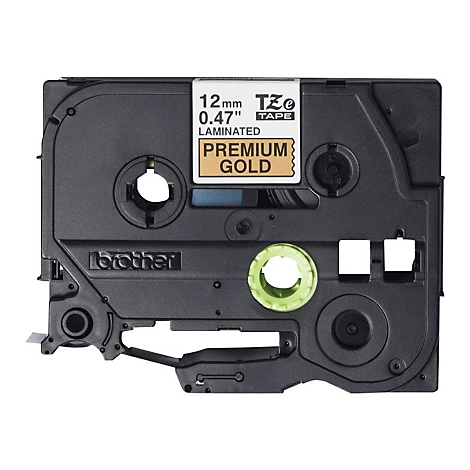 Schwarze Beschriftungskassetten von Brother. Aufkleber mit der Aufschrift "Premium Gold", sowie technische Details: 12 mm, 0.47 Zoll.