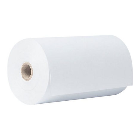 Eine einzelne, weiße Thermopapierrolle auf einem neutralen weißen Hintergrund.