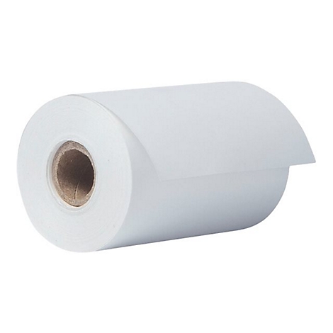 Eine weiße Thermopapierrolle auf einem neutralen, weißen Hintergrund.
