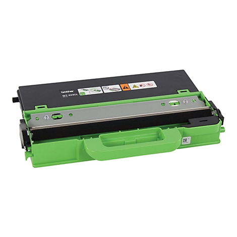 Une cartouche de toner Brother noire et verte. Des symboles d'avertissement sont reprÃ©sentÃ©s sur le dessus, y compris l'inscription WT-223CL.