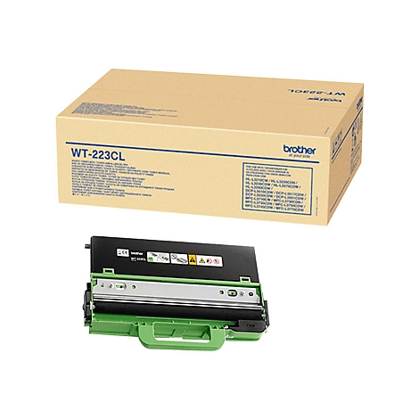 Ein Drucker-Toner-Kit und die Verpackung. Die Verpackung ist eine braune Schachtel mit Textaufdruck. Das Kit selbst ist schwarz-grÃ¼n.