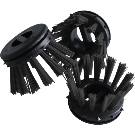 Three black, intertwined round brushes. They have a ring with bristles. The background is white.