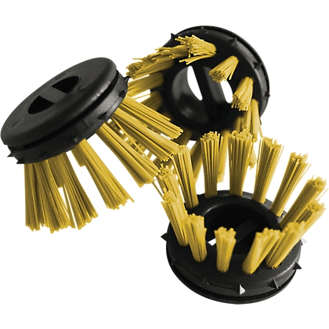 Close-up of three round brushes with yellow bristles and black holders.