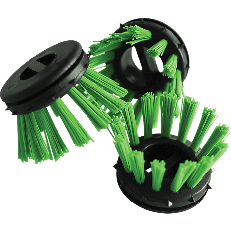 Three circular brush heads with green bristles and black rims, against a white background.