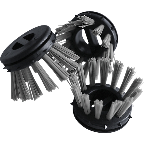 Three round brushes with gray bristles and black housings, arranged in detail. The brushes are arranged for a close-up shot.