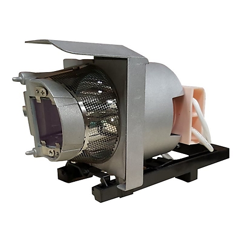 Ein Projektor Ersatzteil, Metallgehäuse mit Lüftungsgitter, rosa Fassung, schwarzem Sockel, weißen Kabeln.