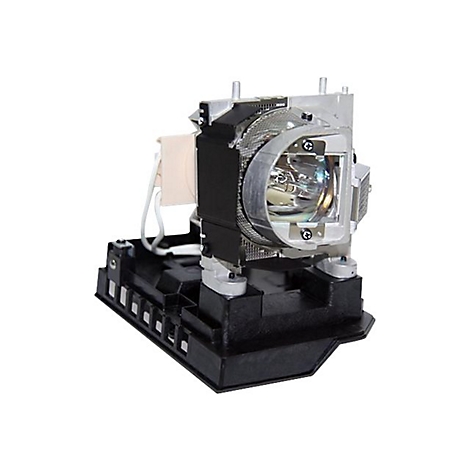 Nahaufnahme eines Projektor-Lampenmoduls. Sichtbar sind die Lampe, Halterungen, Kühlkörper und Kabel.