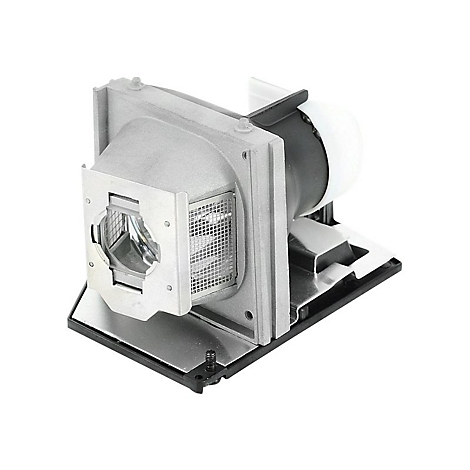 Nahaufnahme eines Projektormoduls mit Metallgehäuse, Gitter und Linse vor weißem Hintergrund.