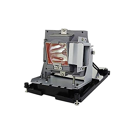 Nahaufnahme einer Projektorlampe mit metallischen und schwarzen Elementen. Die Lampe zeigt eine orangefarbene Lichtquelle.