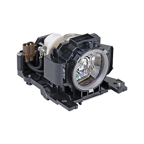 Nahaufnahme einer Projektorlampe mit komplexer Struktur, hauptsächlich schwarz, mit Glaslinsen und silbernen Metallteilen.