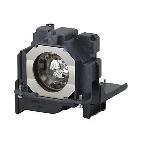 Nahaufnahme einer Projektorlampe mit Metallgehäuse und Glühbirne, eingebettet in schwarzem Kunststoff. Aufschrift: TEEC5593.