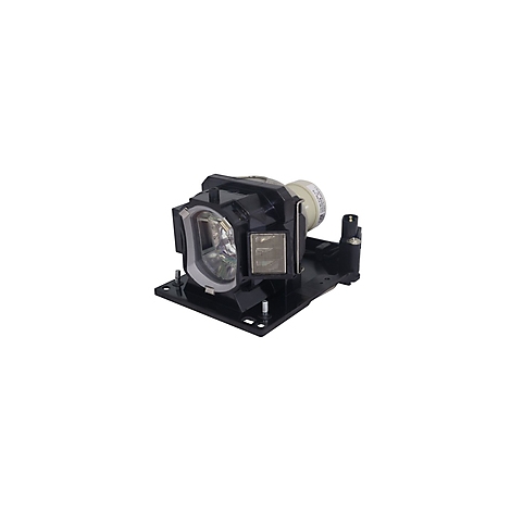 Ein Projektor, schwarz, mit einer Lampe und silbernen Elementen.