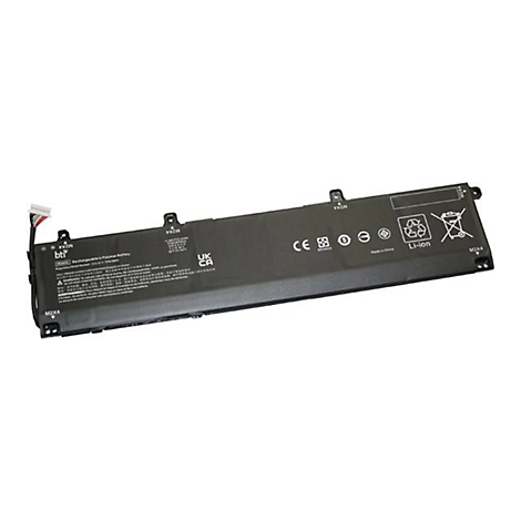 Schwarzer Laptop Akku. Aufschrift 'Li-ion', CE-Zeichen. Mit Warnhinweisen und technischen Informationen.