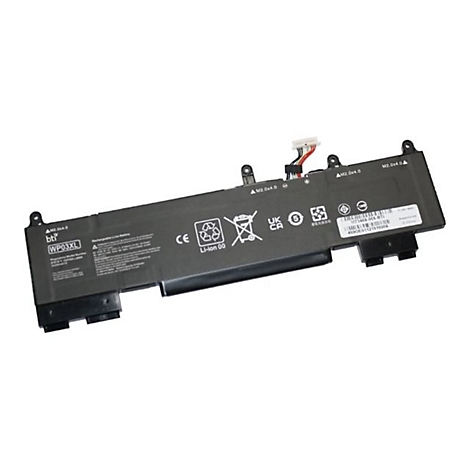 Eine schwarze Laptop-Batterie mit verschiedenen Kennzeichnungen und Steckern. Aufgedruckte Schriftzüge: WP03XL, Li-Ion 00, M2.0x4.0.