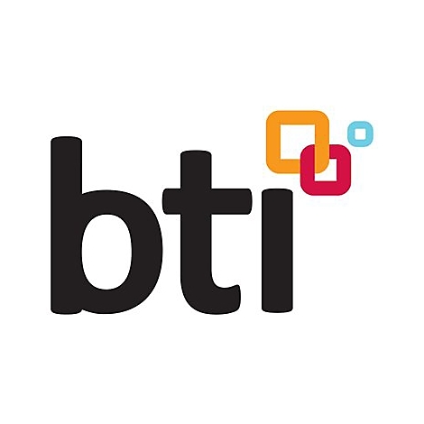 Logo mit schwarzem Schriftzug "bti" und farbigen Quadraten darüber.
