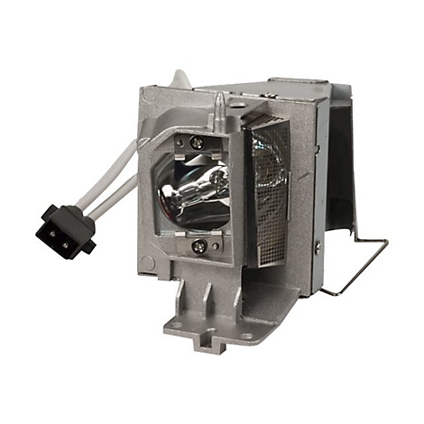 Nahaufnahme einer Projektorlampe mit Metallgehäuse, Glühbirne und Stecker.