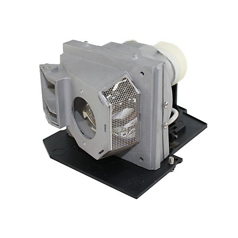 Grauer Projektor-Ersatzteil mit Lüftergitter, auf schwarzem Sockel, vor weißem Hintergrund.