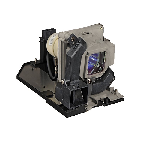 Nahaufnahme einer Projektorlampe mit verschiedenen Elementen aus Kunststoff und Metall vor weißem Hintergrund.