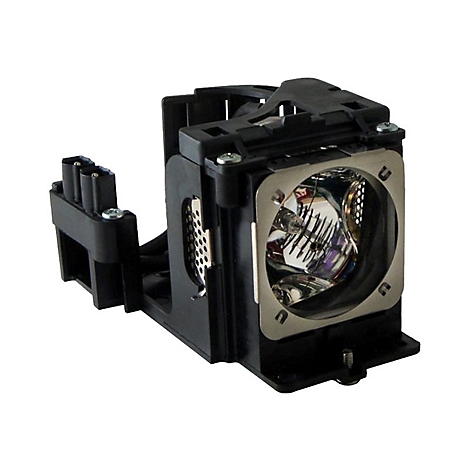 Nahaufnahme einer schwarzen Projektorlampe mit metallischen Elementen. Die Glühbirne ist deutlich sichtbar.