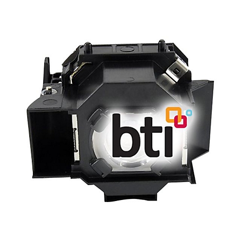 Schwarze Projektor-Lampeneinheit mit "bti"-Logo. Das Logo hat einen weißen Hintergrund, orange und blaue Quadrate.