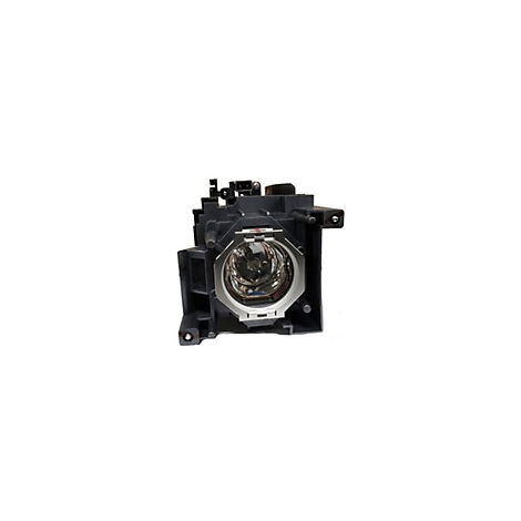 Nahaufnahme einer Projektorlampe mit metallischen und schwarzen Kunststoffelementen vor weißem Hintergrund.