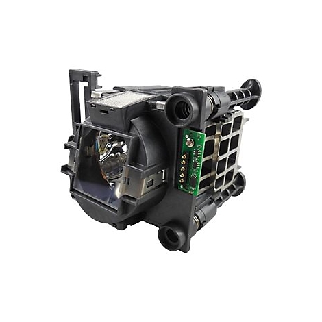 Ein Projektorlampenmodul auf weißem Hintergrund. Schwarzes Gehäuse mit Metallgittern und Leiterplatte.