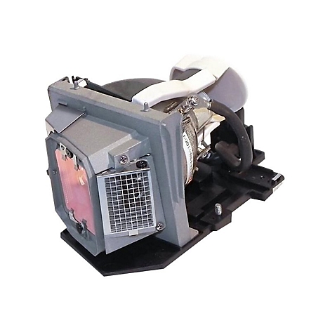 Detailaufnahme eines Projektor-Lampenmoduls. Grau-schwarze Komponente mit Lüftungsgitter, rosa Filter und Kabeln.