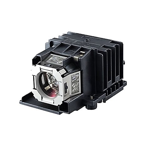 Nahaufnahme eines Projektor-Leuchtmittels. Schwarzes Gehäuse mit Metallgitter und Linsen.