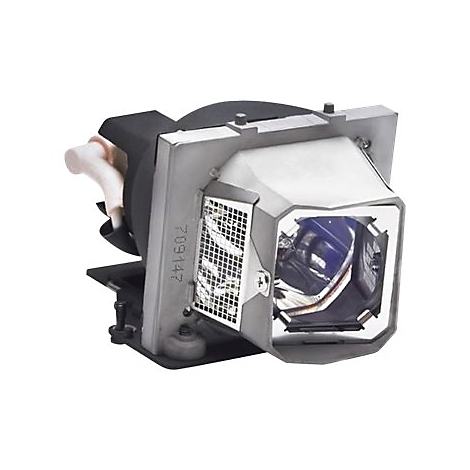 Nahaufnahme einer Projektorlampe mit metallischen und schwarzen Elementen. Vorne ein quadratisches Gitter, darunter eine Linse.