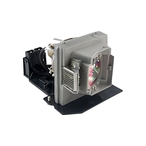 Nahaufnahme eines Projektor-Lampenmoduls. Gehäuse in Grau, mit schwarzem Sockel und Metallgitter. Linse sichtbar.