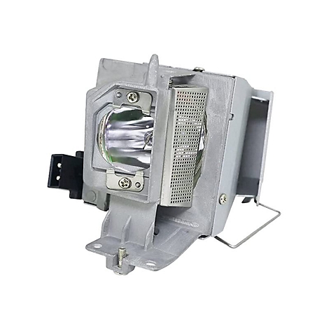 Nahaufnahme eines Projektor-Lampenmoduls. Graue Metallkonstruktion mit Lampengehäuse, Gitter, Schrauben und schwarzem Stecker.