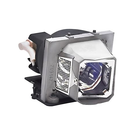 Nahaufnahme einer Projektorlampe mit metallischen und schwarzen Elementen. Auf einer Seite steht die Nummer 709147.