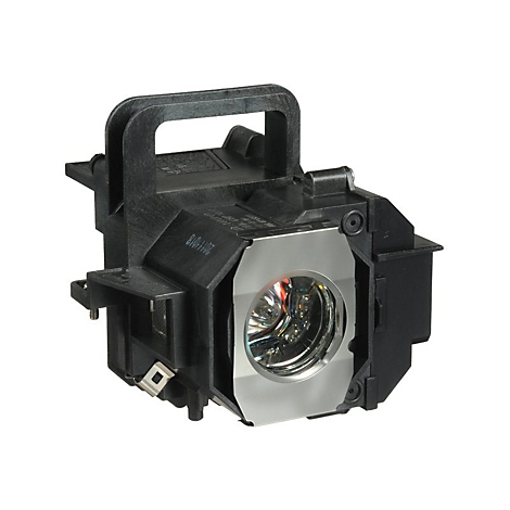 Nahaufnahme einer Projektorlampe mit metallischen und schwarzen Kunststoffteilen, die von vorne abgebildet wird.