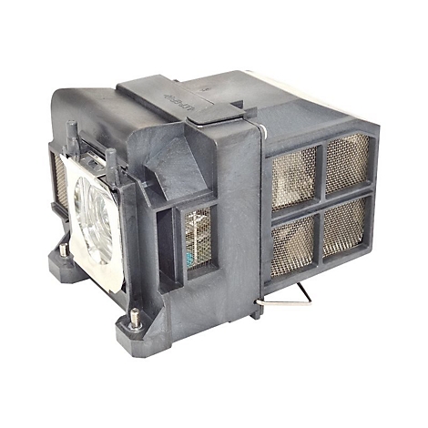 Ein grauer Projektor-Lampenmodul auf weißem Hintergrund. Der Quader hat metallische Gitter und eine silberne Linsenabdeckung.