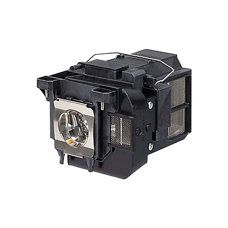 Schwarze Projektorlampe mit Metallschutz, auf weißem Hintergrund.