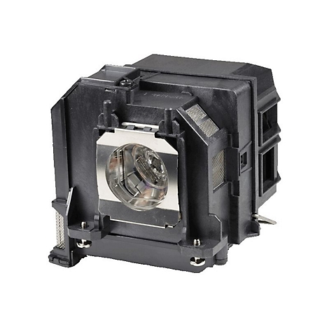 Nahaufnahme einer Projektorlampe mit Metallhalterung und Glaskuppel. Schwarzes Gehäuse mit Belüftungsgittern.