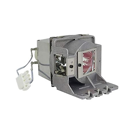 Nahaufnahme einer Projektorlampe mit metallischem Gehäuse, roter Linse, weißem Stecker und Kabeln.