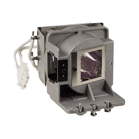 Nahaufnahme einer Projektorlampe mit metallischem Gehäuse, Kabeln und Stecker. Die Linse reflektiert violettes Licht.