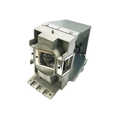 Ein grauer Projektorlampenmodul auf weißem Hintergrund. Das Modul hat eine Metallkonstruktion mit Lampen und Anschlüssen.